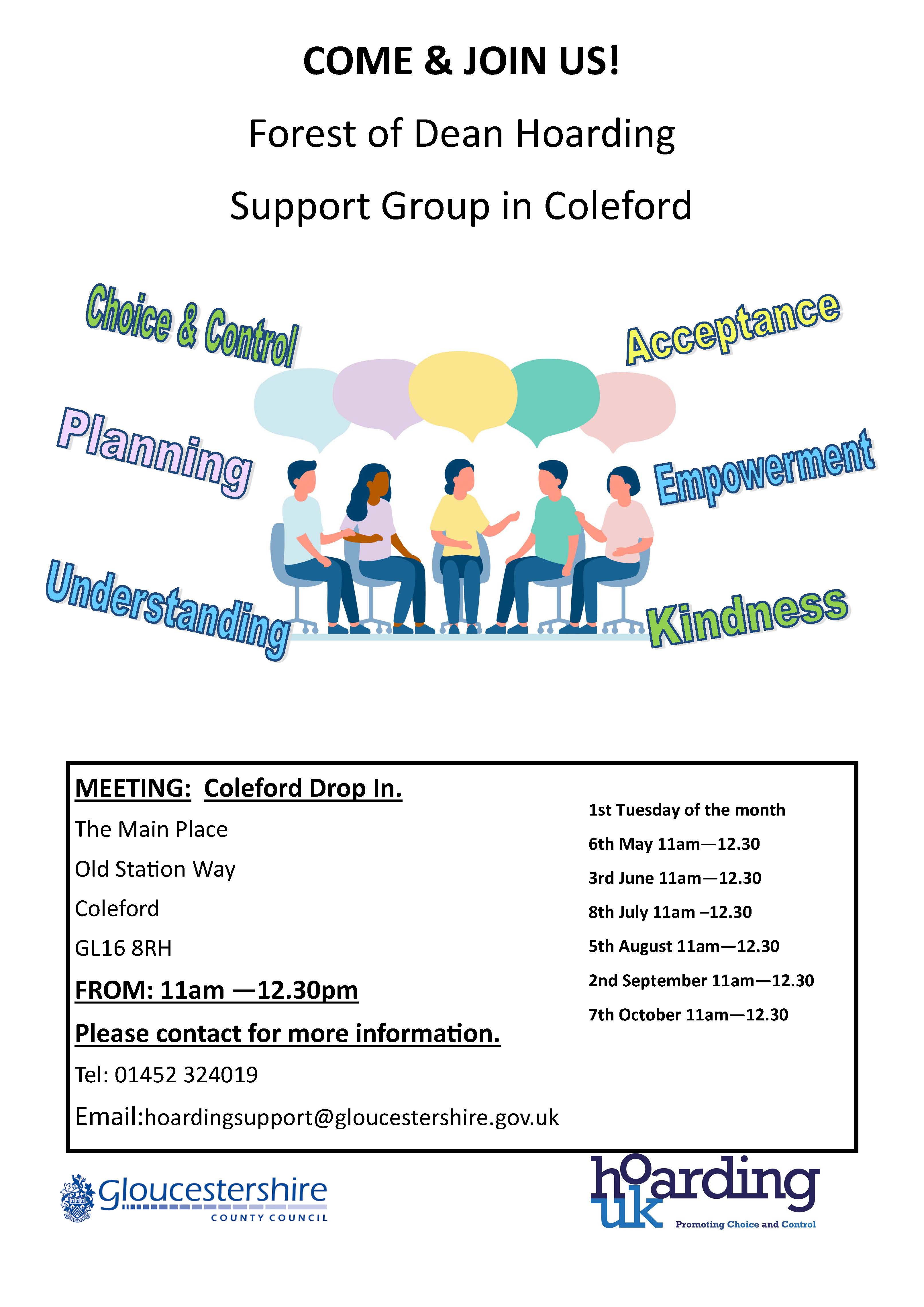 FoD Hoarding Support Group in Coleford at The Main Place. 11am-12.30pm. Call 01452 324019.